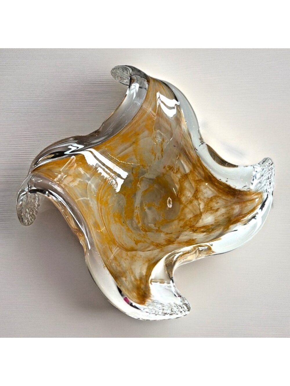 Lavorazione Arte Murano Gold Amber Swirl Glass Centerpiece Bowl Pinwheel Italy